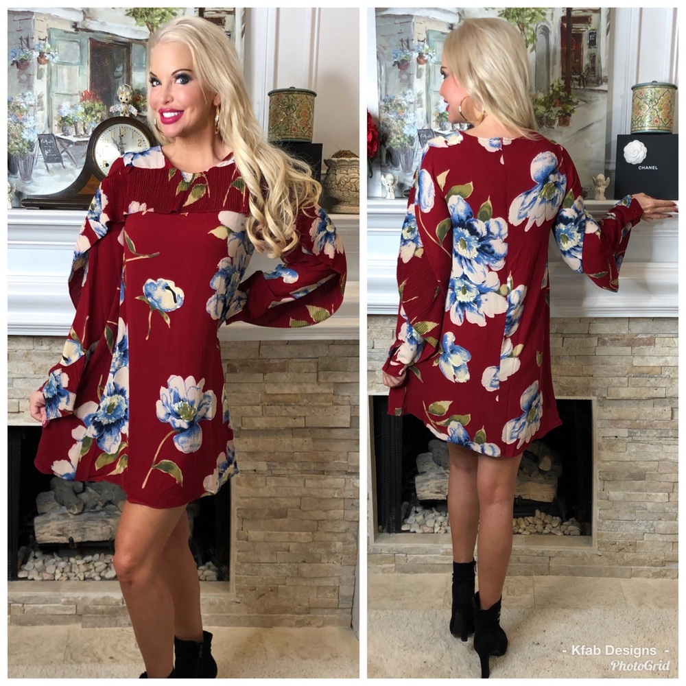 ❤️ LAST 2! Red Wine Fully Lined Floral Swing Dress - Picture 6 of 6